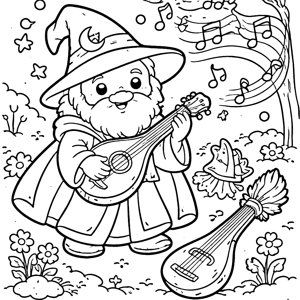 Wizard Playing a Lute in a Magical Forest Coloring Page