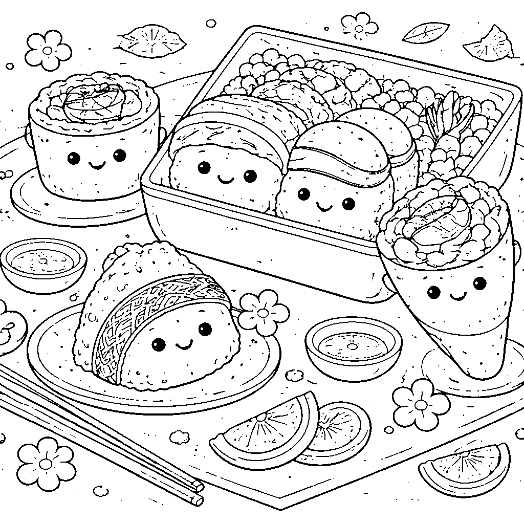 Adorable Sushi Characters Coloring Page