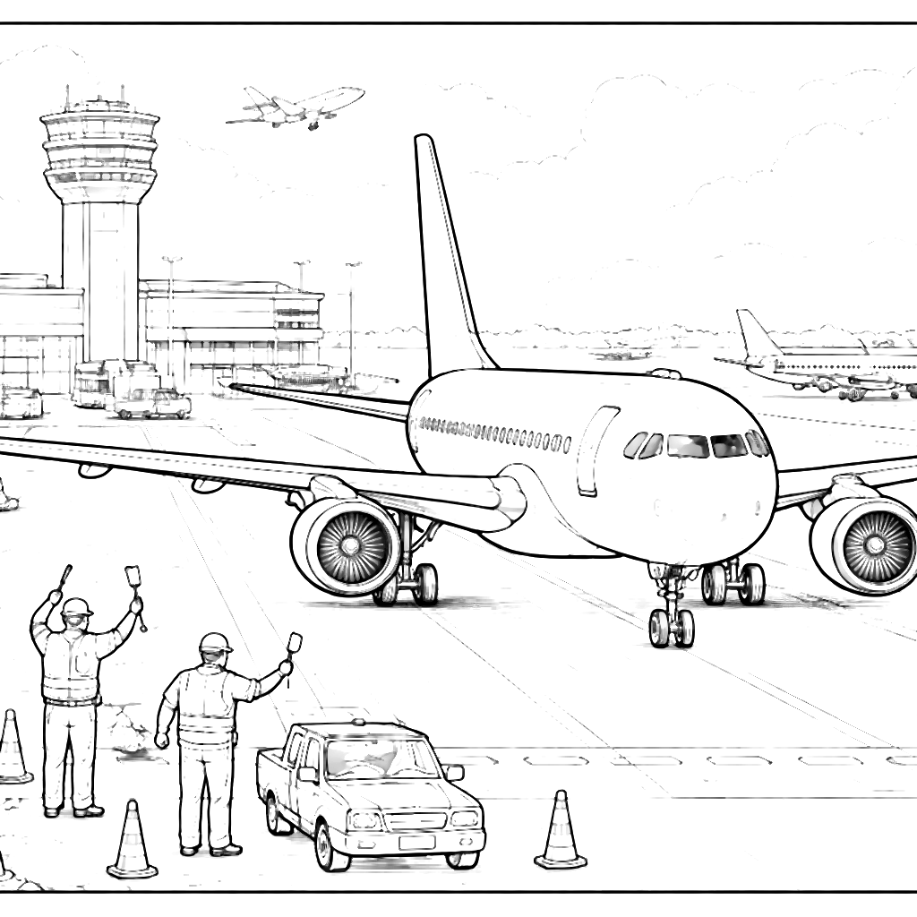 Coloring Page of Airplanes Preparing for Takeoff
