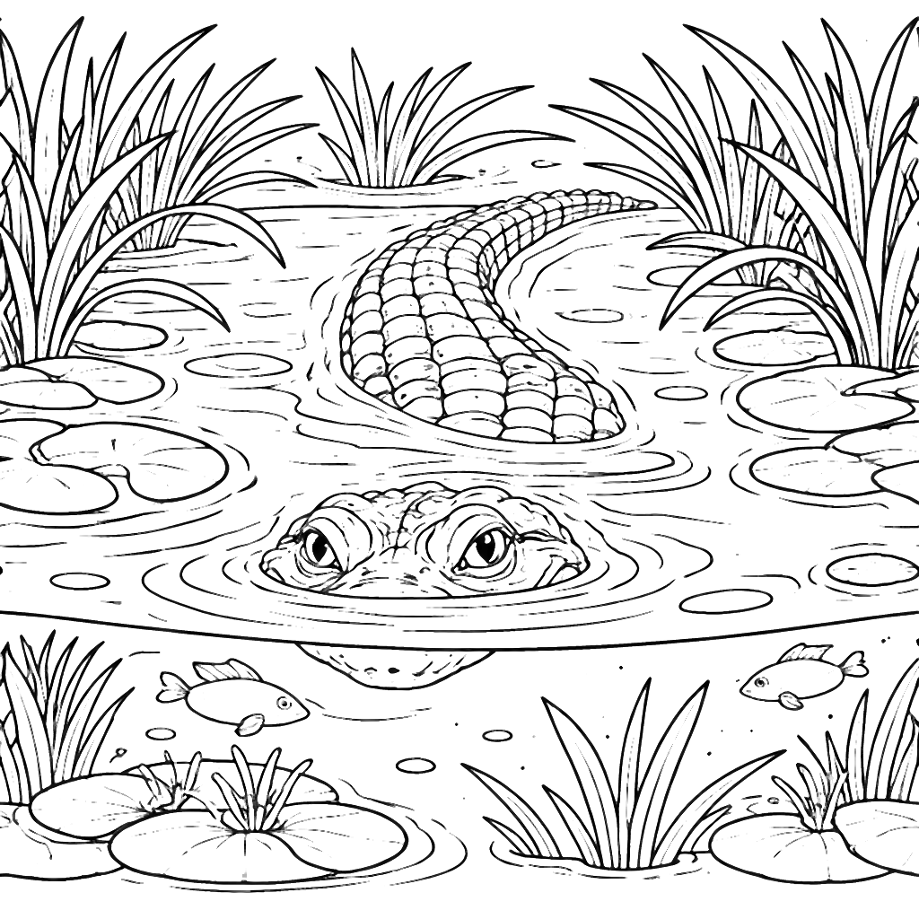 Alligaattori metsästää kalojen keskellä suota