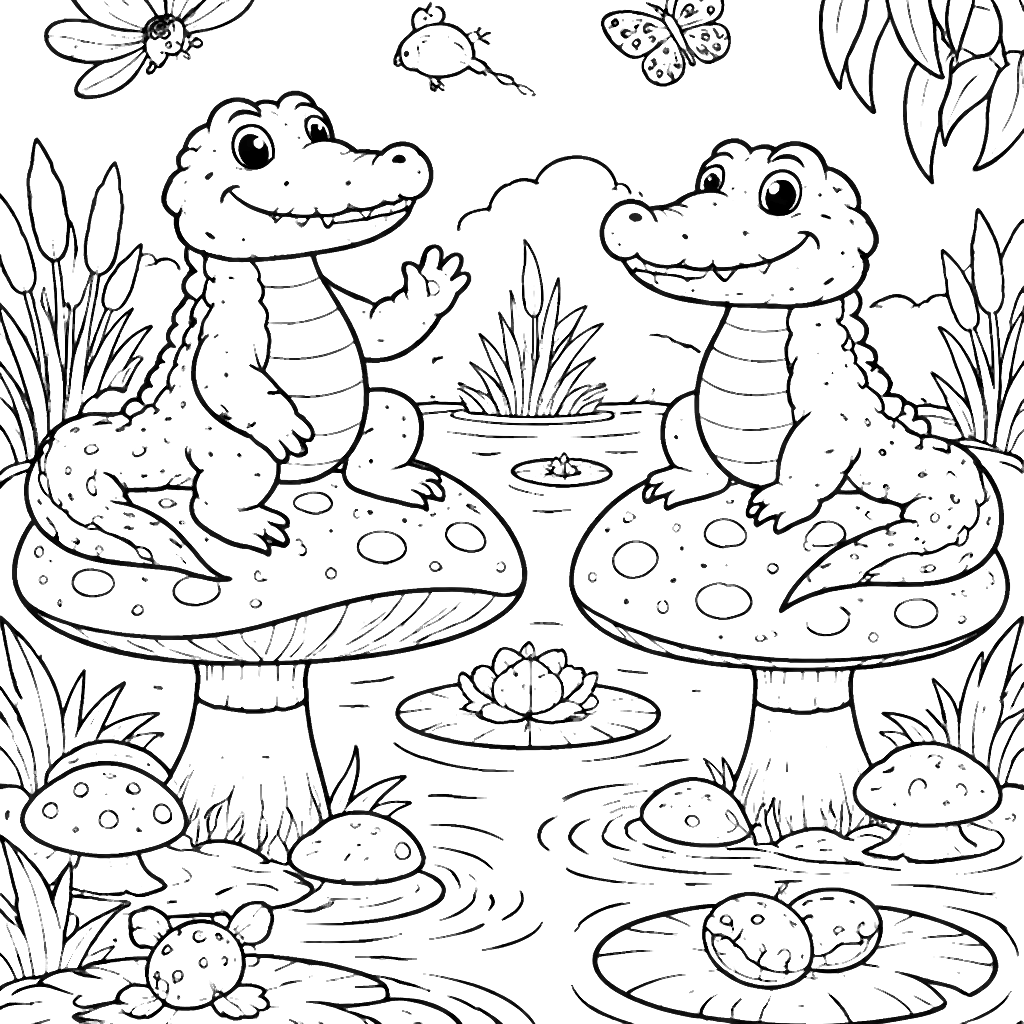 Alligaattorit värityskuvassa satumaisessa suossa