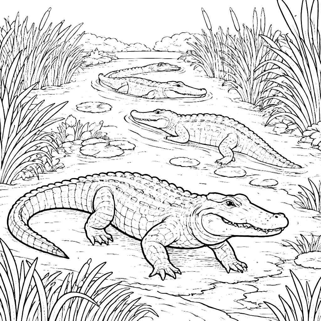 Värityskuva alligaattoreista kosteikoissa