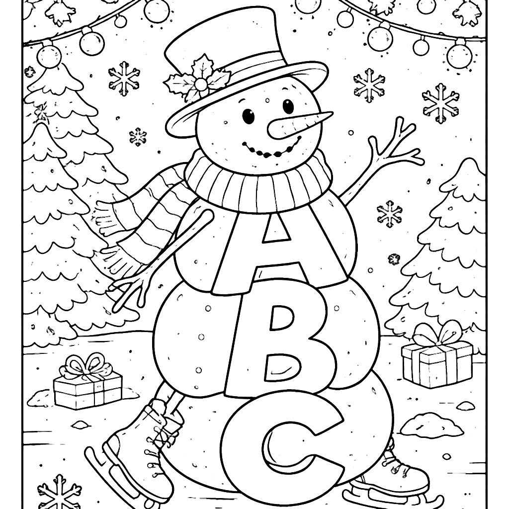Whimsical Alphabet Snowman Coloring Page for Kids