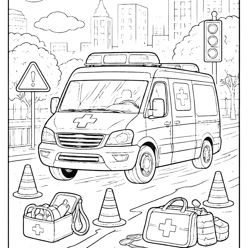 Ambulance Coloring Page: Urban Emergency Scene