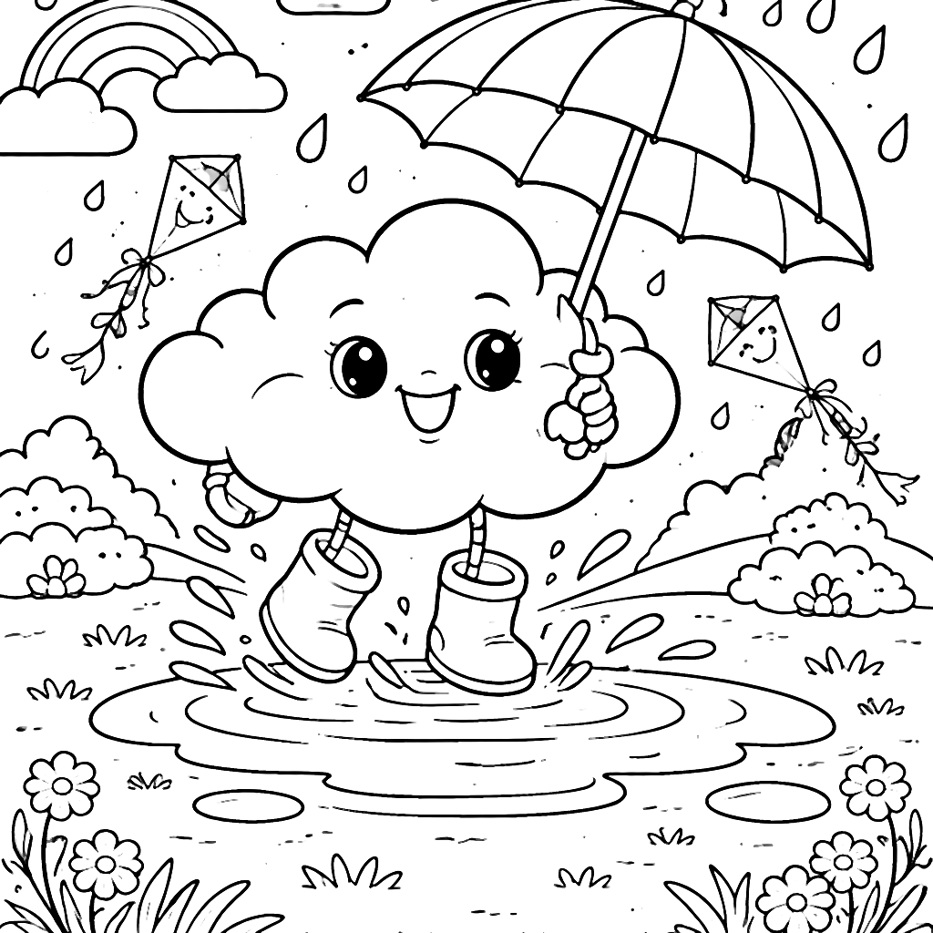 Coloring Page of an Adventurous Cloud Splashing in Puddles