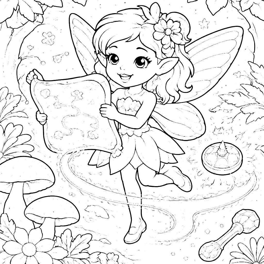 An Adventurous Fairy Exploring a Treasure Map Coloring Page