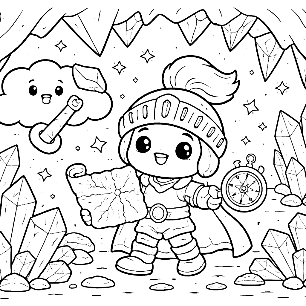 Coloring Page of a Knight in a Crystal Cave Adventure