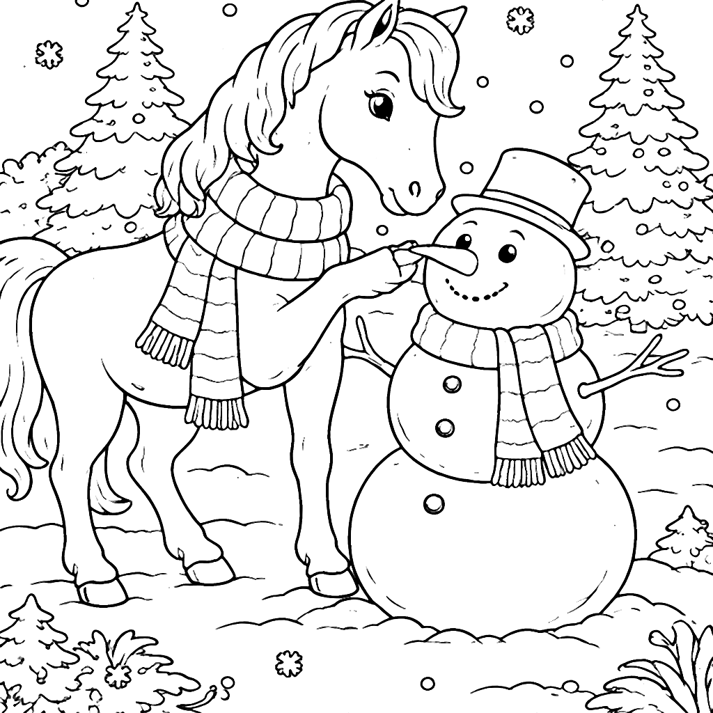 Coloring Page of an Elegant Horse in Winter