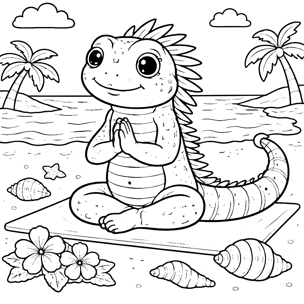 Yoga Iguana Coloring Page - Serene Beach Scene
