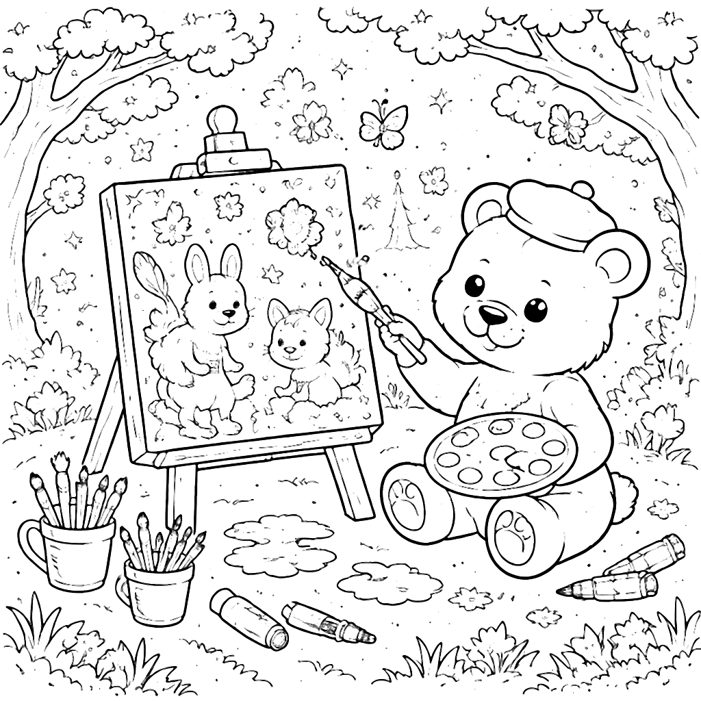 Coloring Page of an Imaginative Bear Painting a Picture