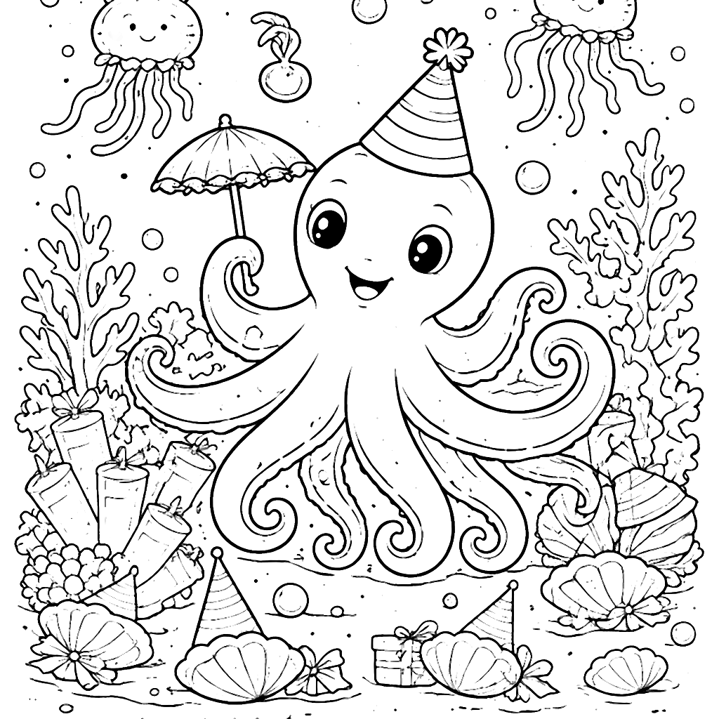 Coloring Page of an Imaginative Octopus Underwater Party