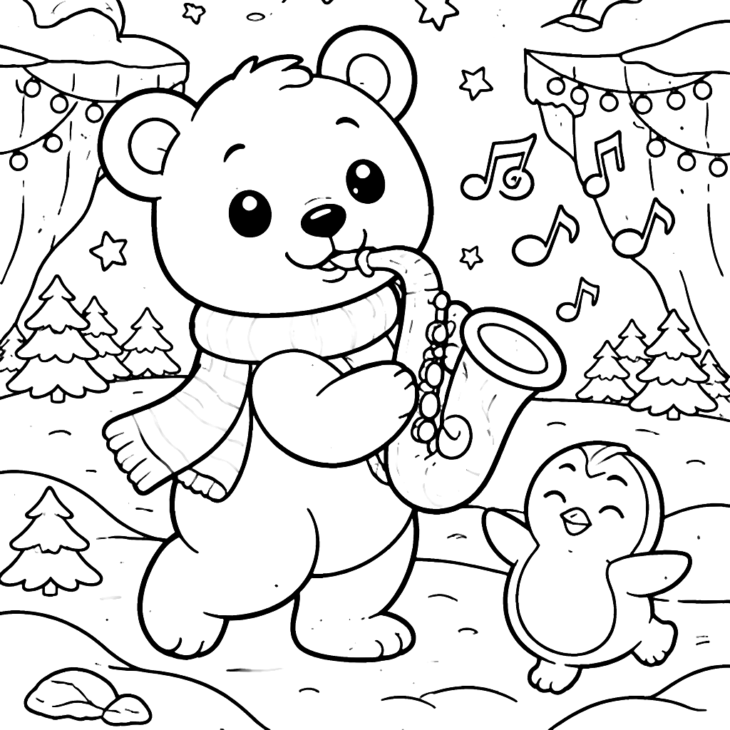 Coloring Page of an Imaginative Polar Bear Playing Saxophone