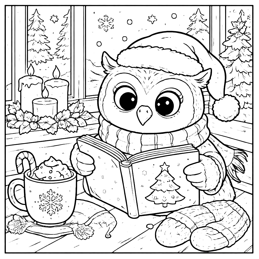 Cozy Christmas Owl Coloring Page to Print