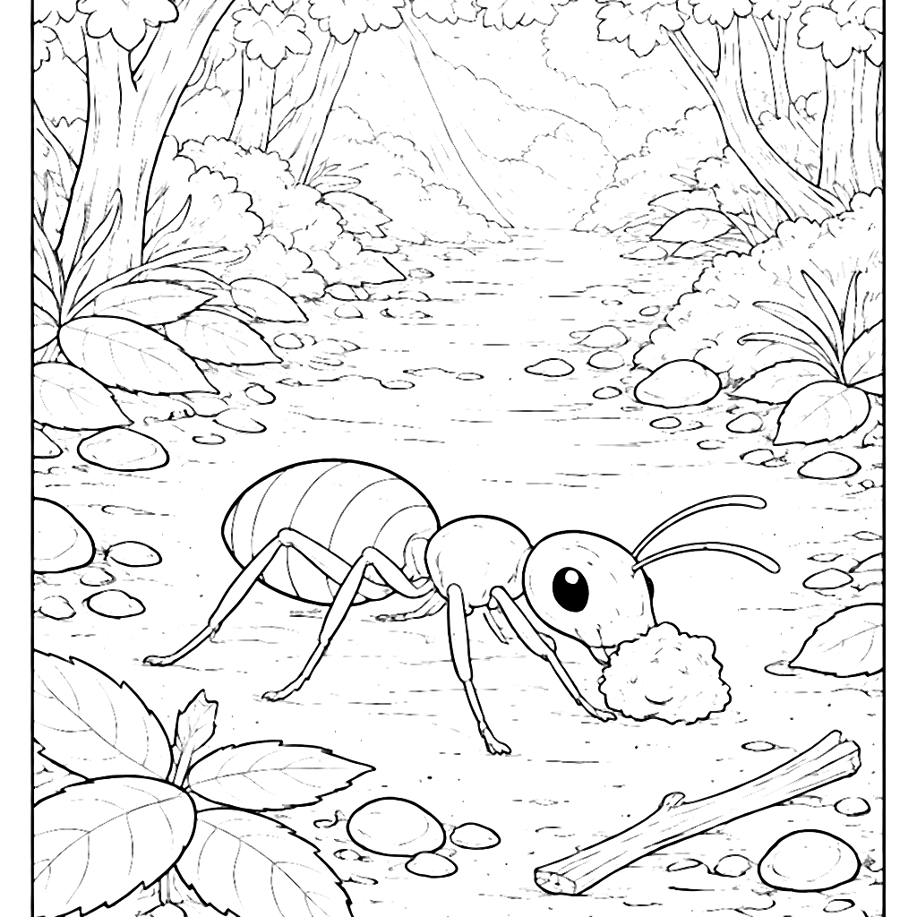Ant Foraging for Food on a Sun-Dappled Path Coloring Page
