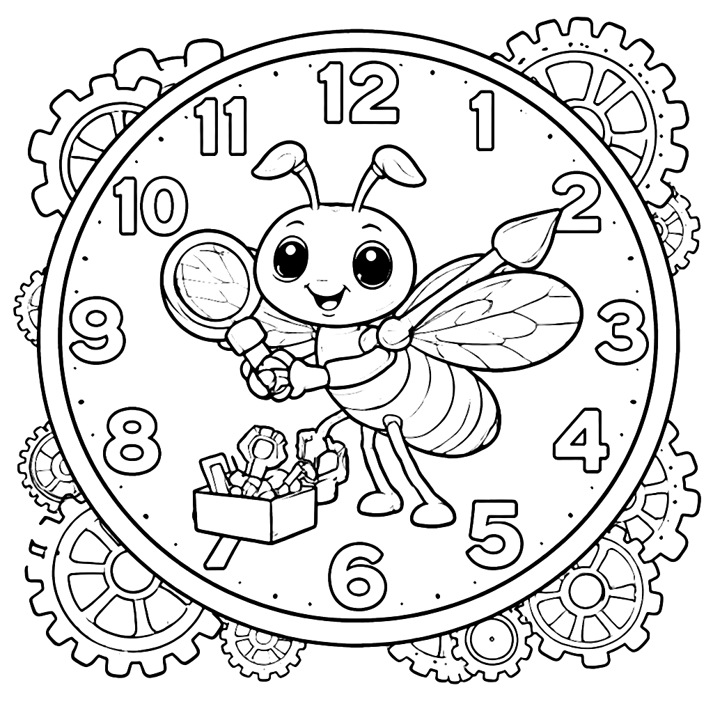 Whimsical Ant Inside a Giant Clock Coloring Page