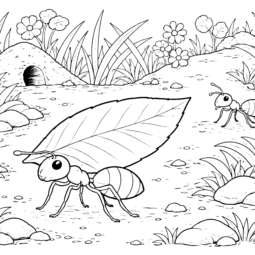Ant Carrying a Leaf in a Lush Garden Coloring Page