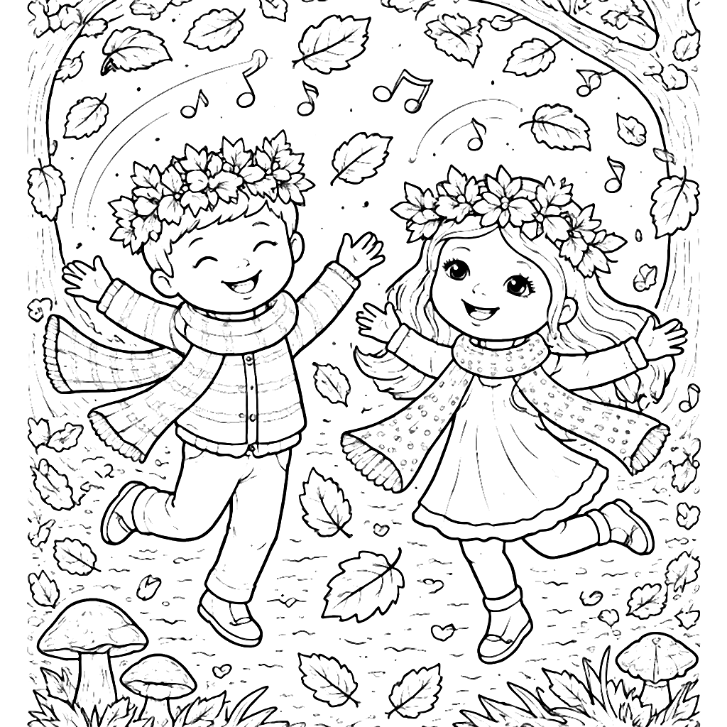 Whimsical Autumn Dance Coloring Page for Kids