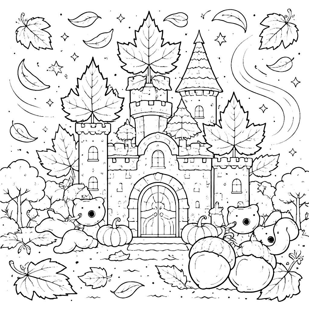 Autumn-Themed Castle Coloring Page for Kids