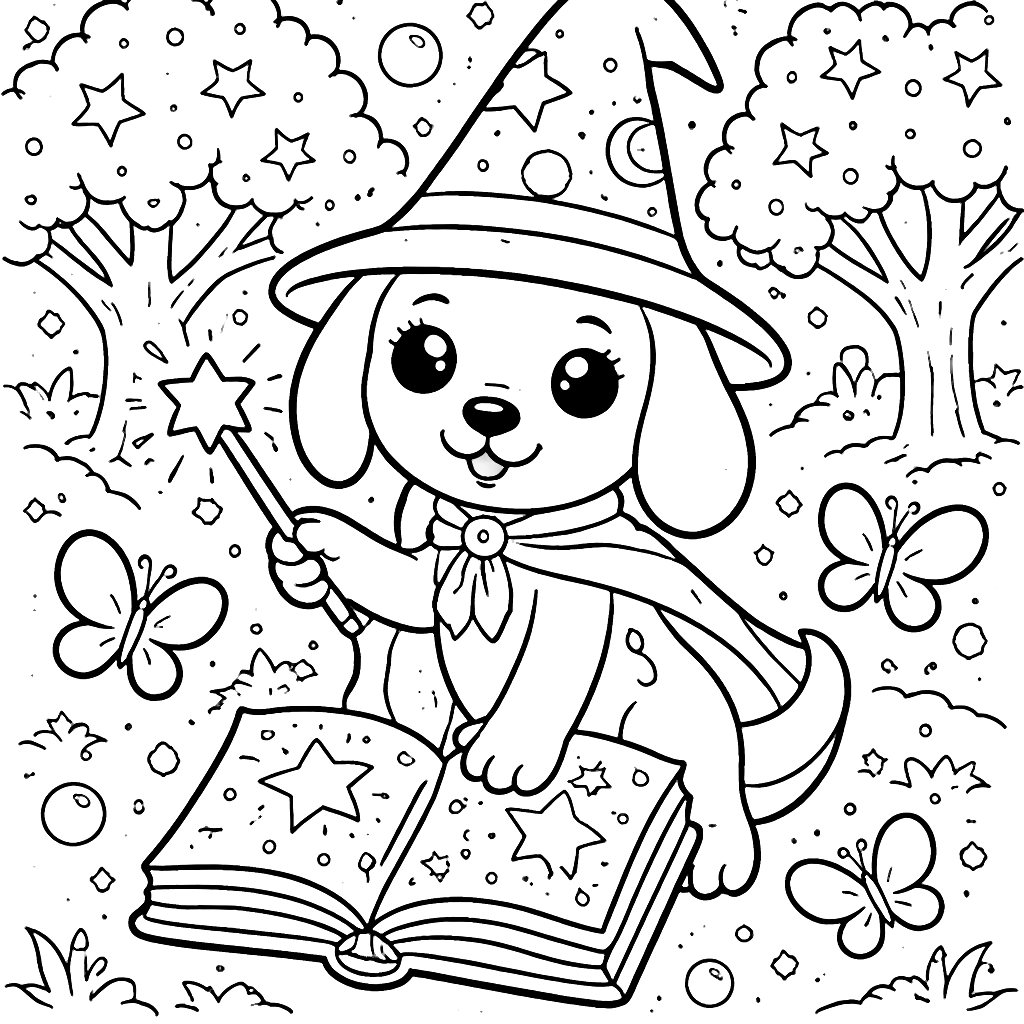Beagle Wizard in a Whimsical Forest Coloring Page