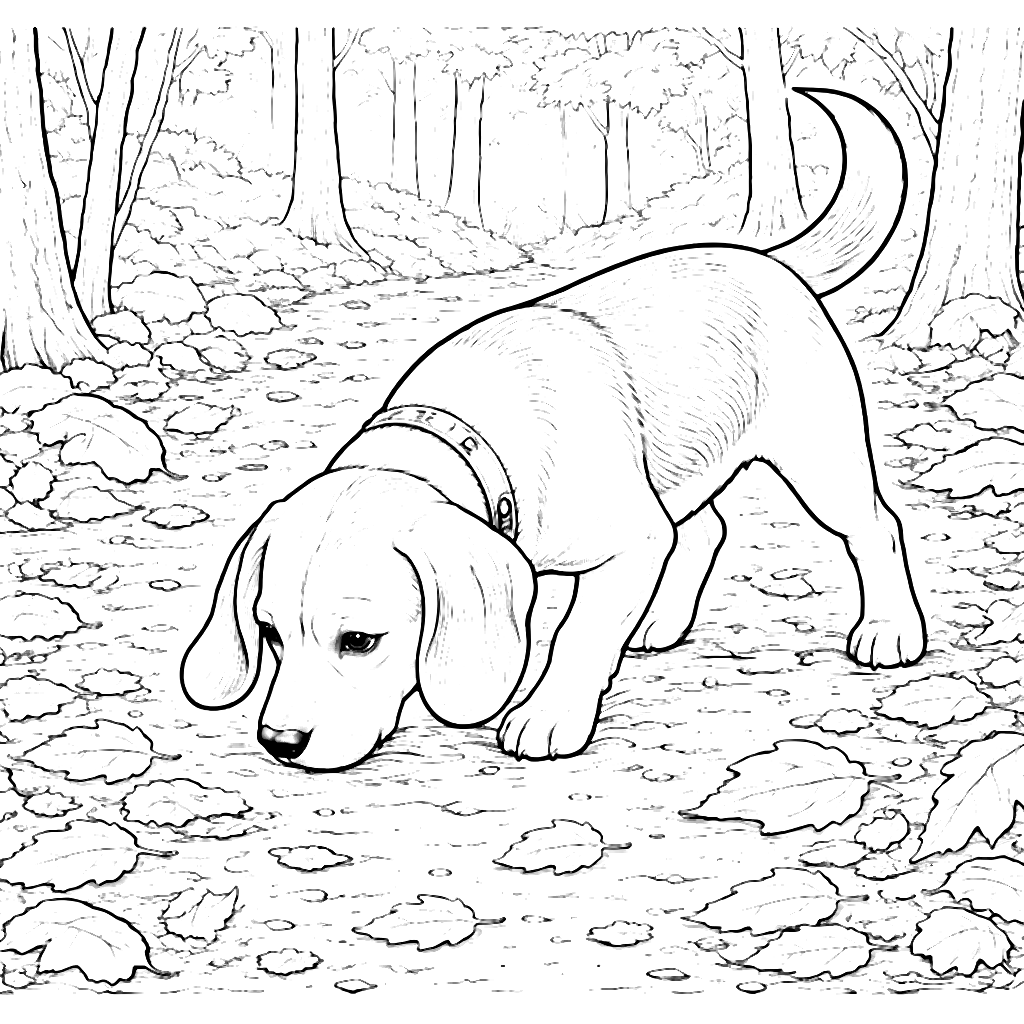 Curious Beagle on a Wooded Trail - Coloring Page