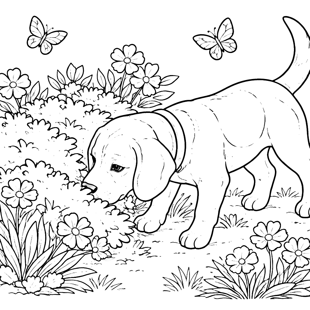 Beagle Sniffing Around a Colorful Garden Coloring Page