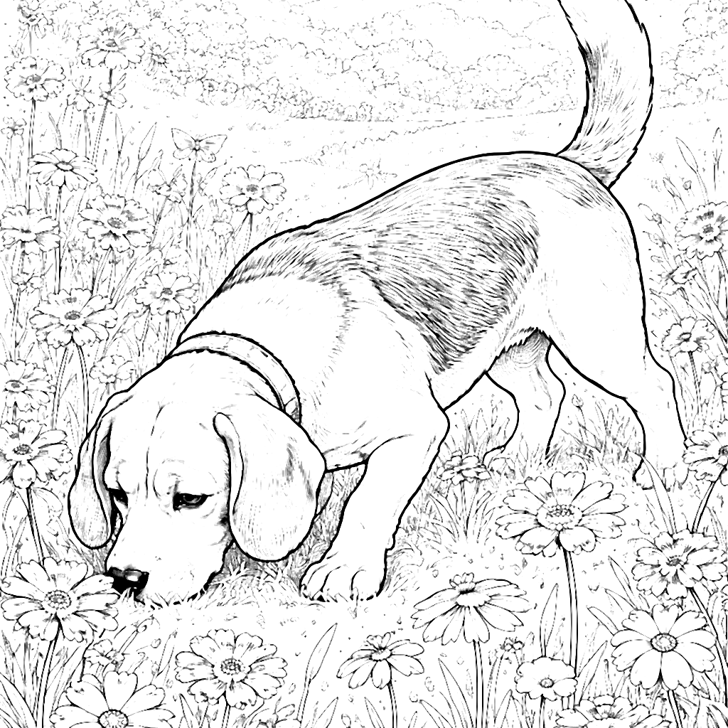 Beagle Sniffing in a Colorful Meadow - Coloring Page