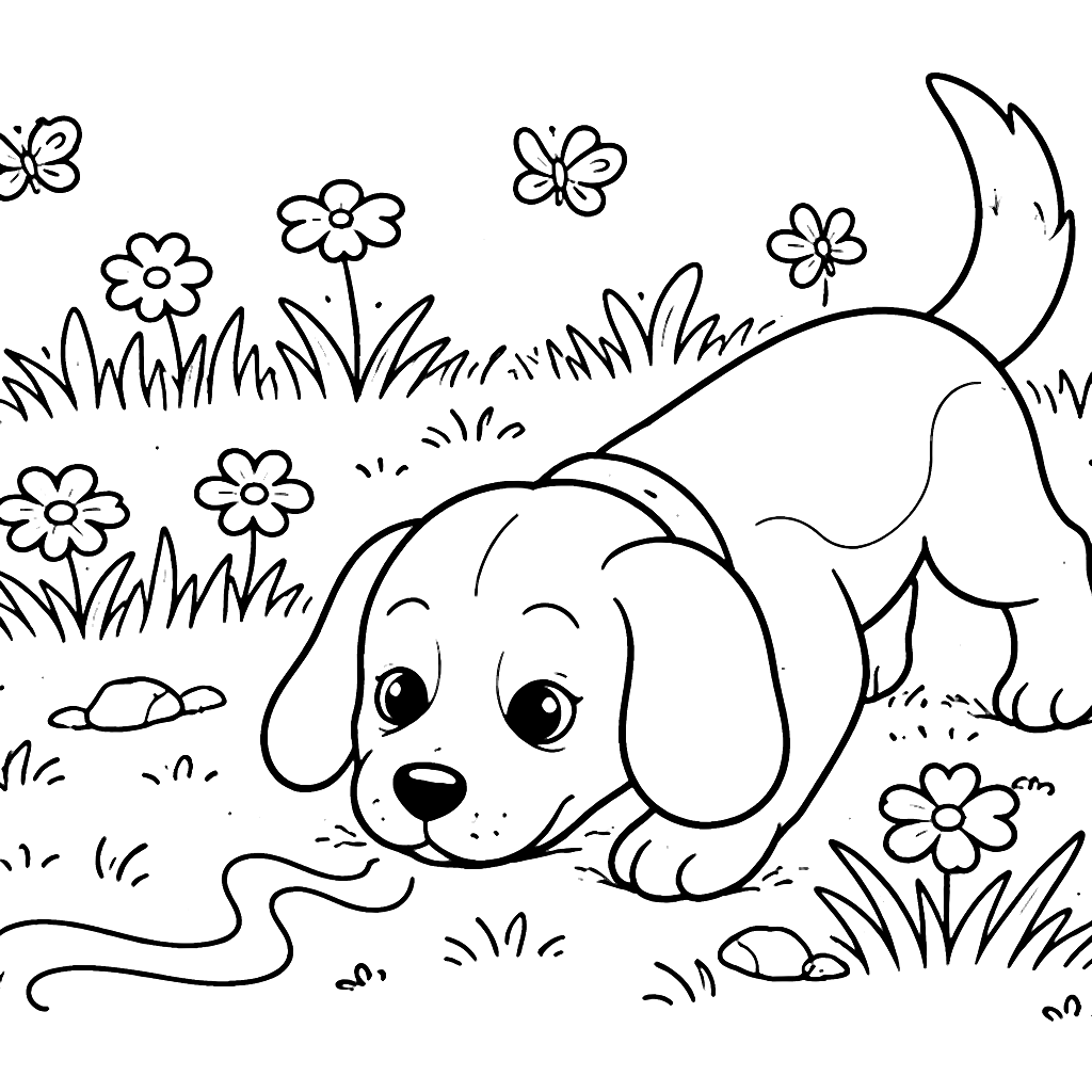 Beagle Sniffing the Ground in a Grassy Field Coloring Page