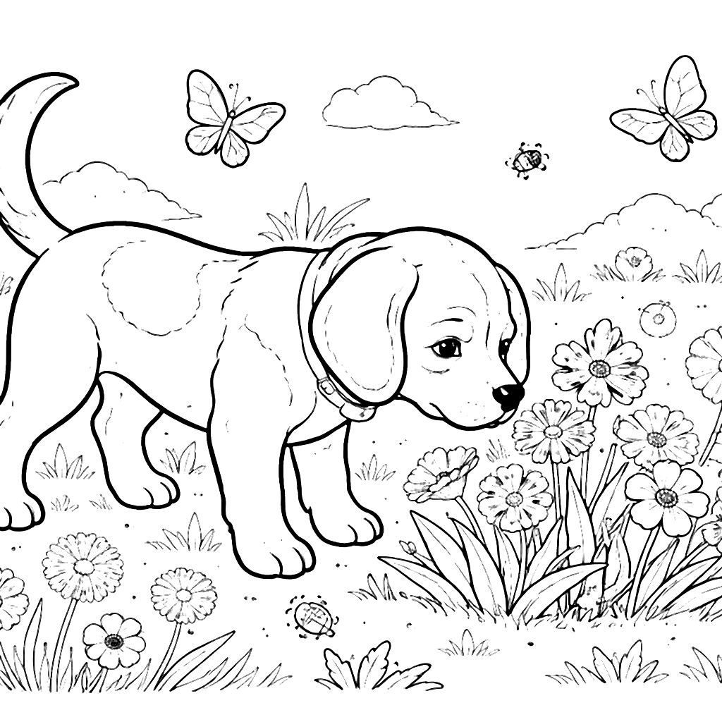 Beagle Sniffing Wildflowers in a Sunny Meadow