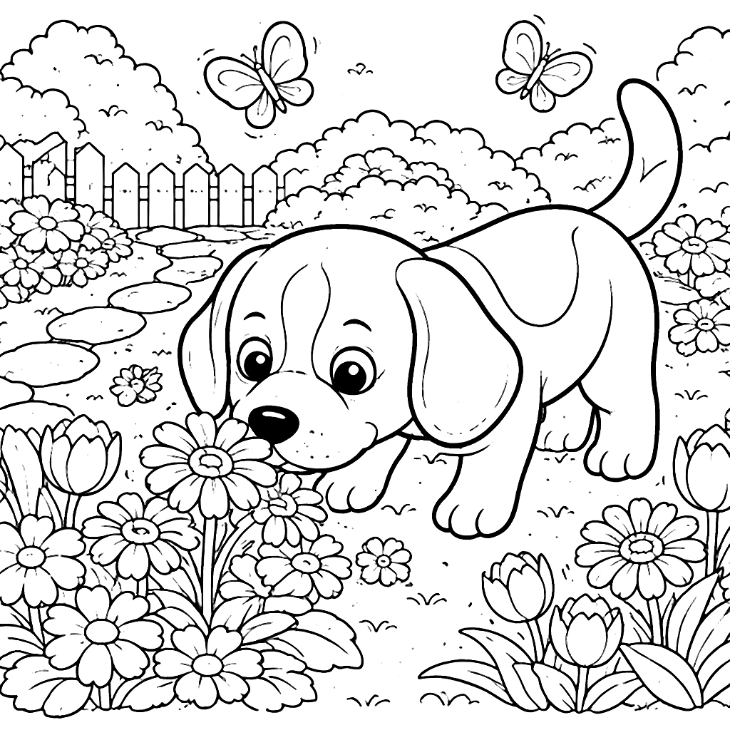 Beagle Sniffing in a Blooming Flower Garden Coloring Page