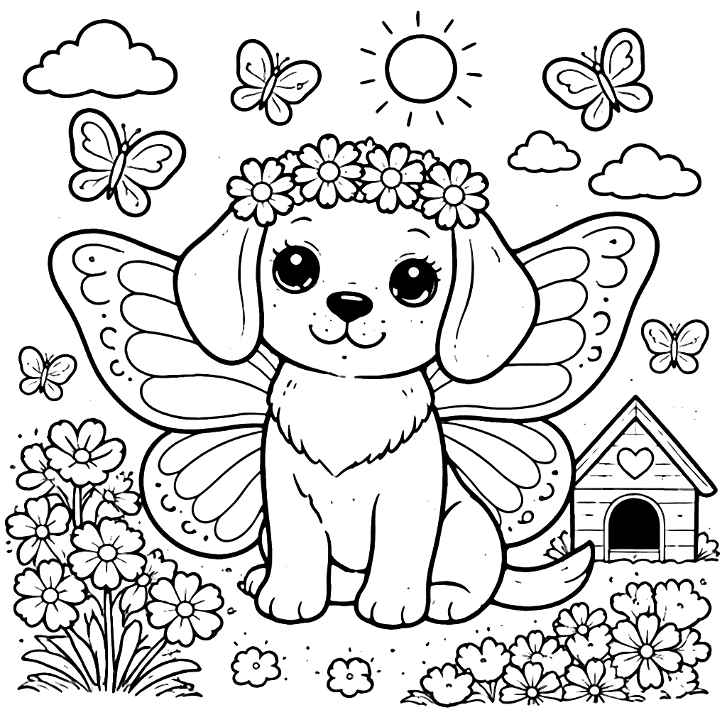Beagle with Butterfly Wings in a Sunny Garden Coloring Page