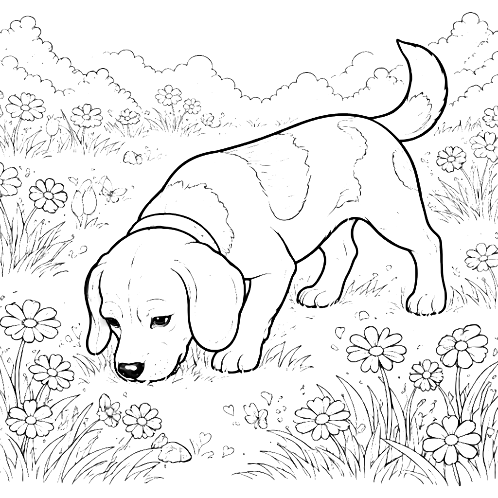 Beagle Sniffing in a Grassy Meadow Coloring Page