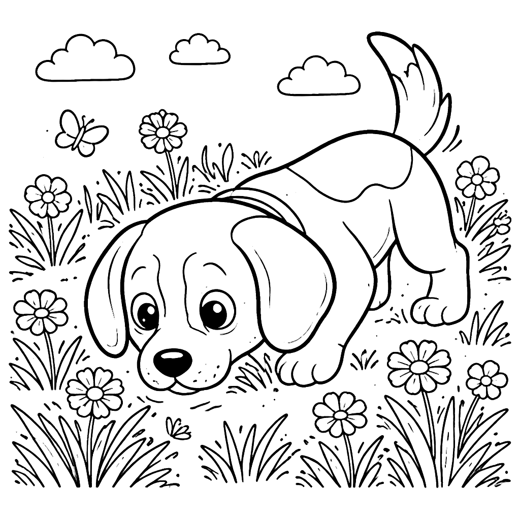 Beagle Scent-Tracking in a Grassy Meadow Coloring Page