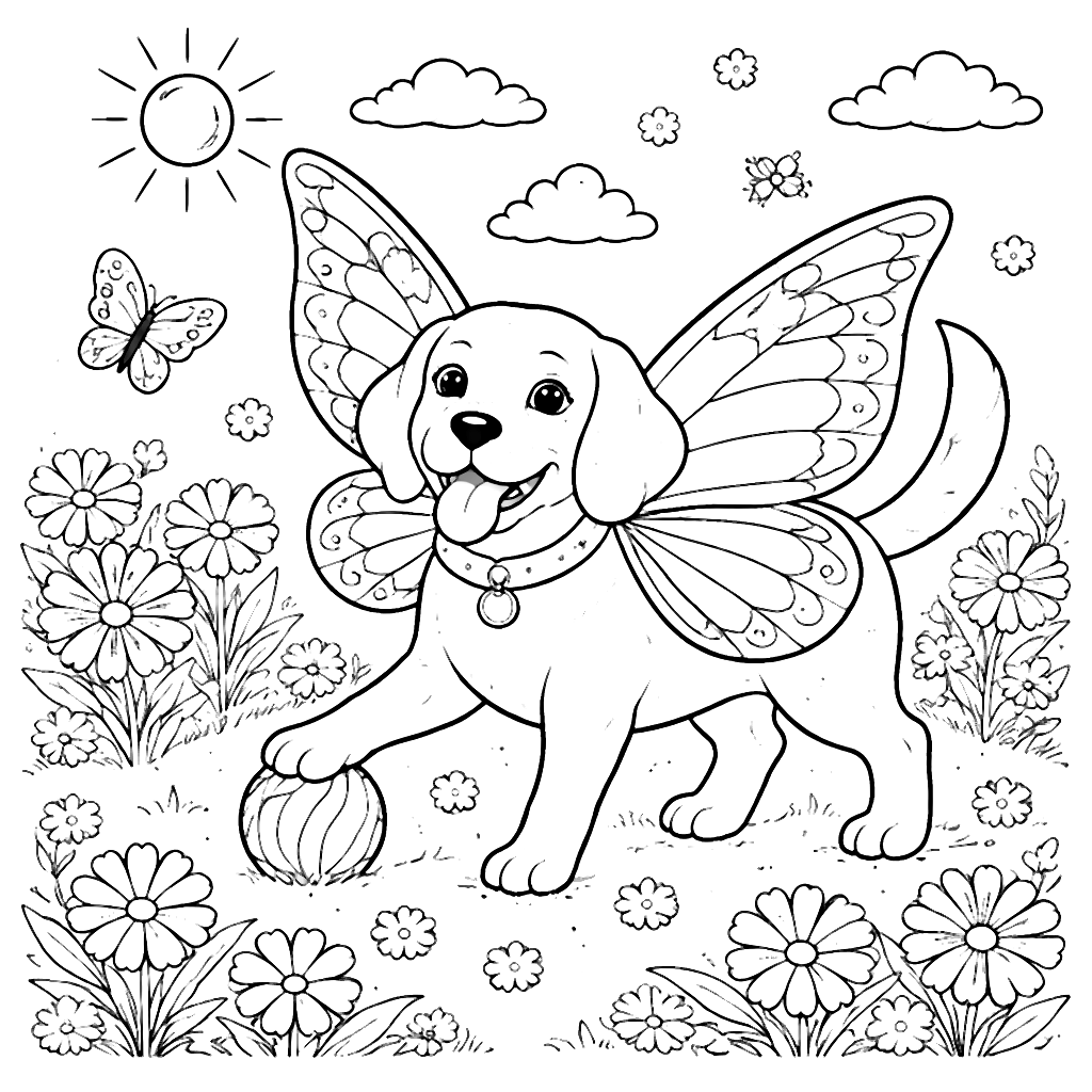 Playful Beagle with Butterfly Wings Coloring Page