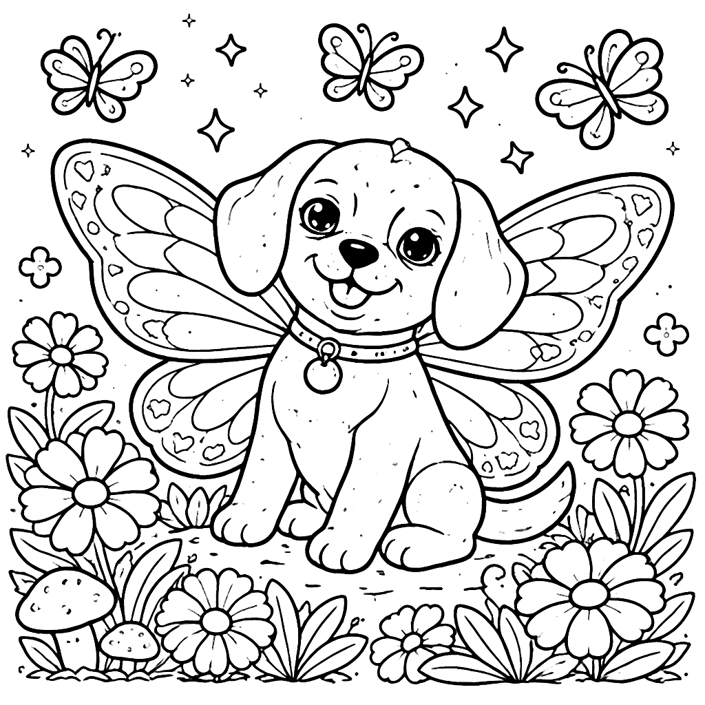 Beagle with Butterfly Wings in a Flower Garden