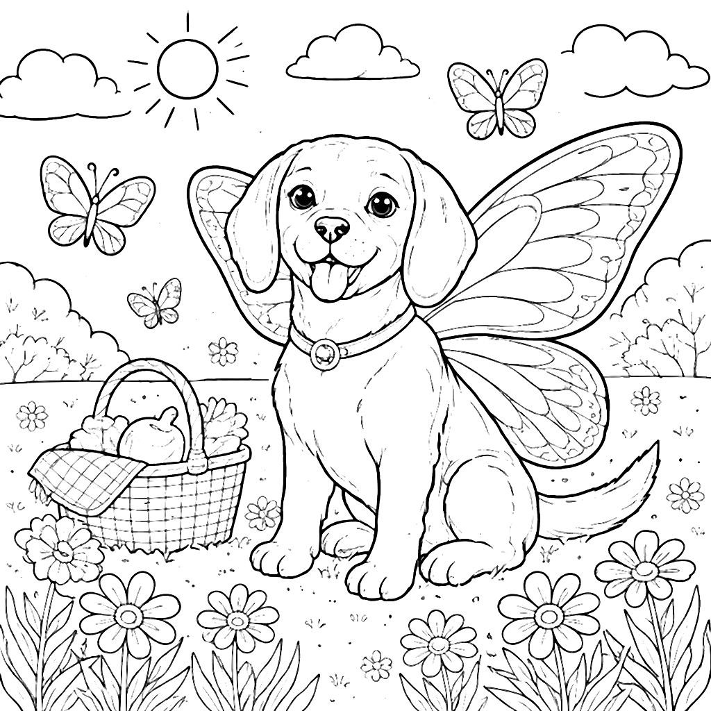 Beagle with Butterfly Wings in a Sunny Meadow Coloring Page