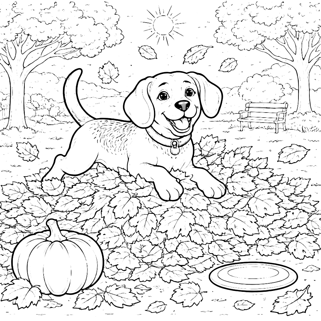 Beagle Playing in Autumn Leaves Coloring Page