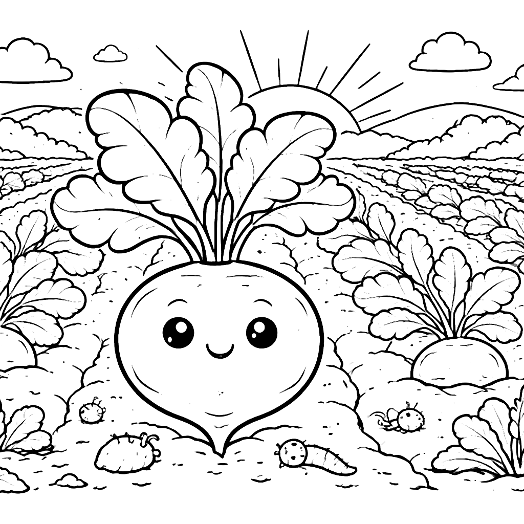 Beetroot Coloring Page: Vibrant Farm Scene at Sunset