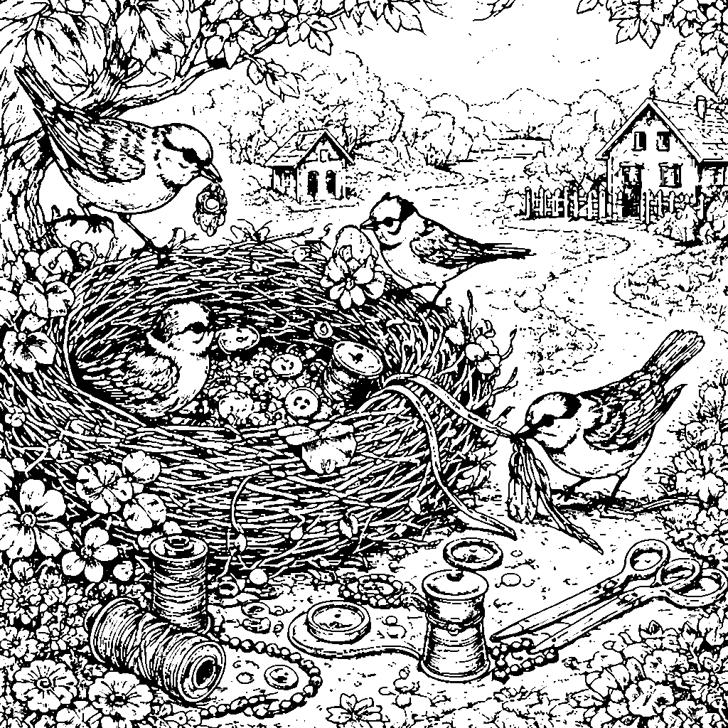 Birds Building a Nest Coloring Page