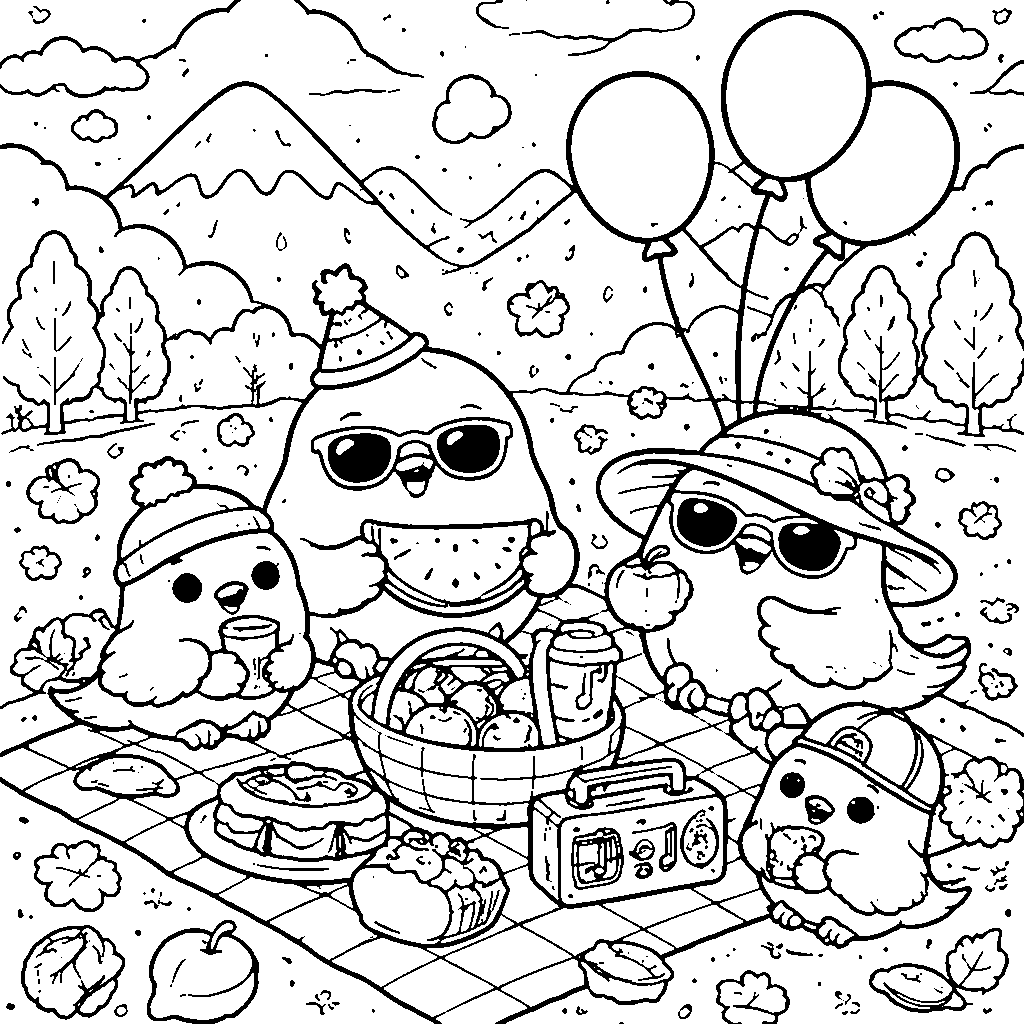 Birds Having a Picnic Coloring Page
