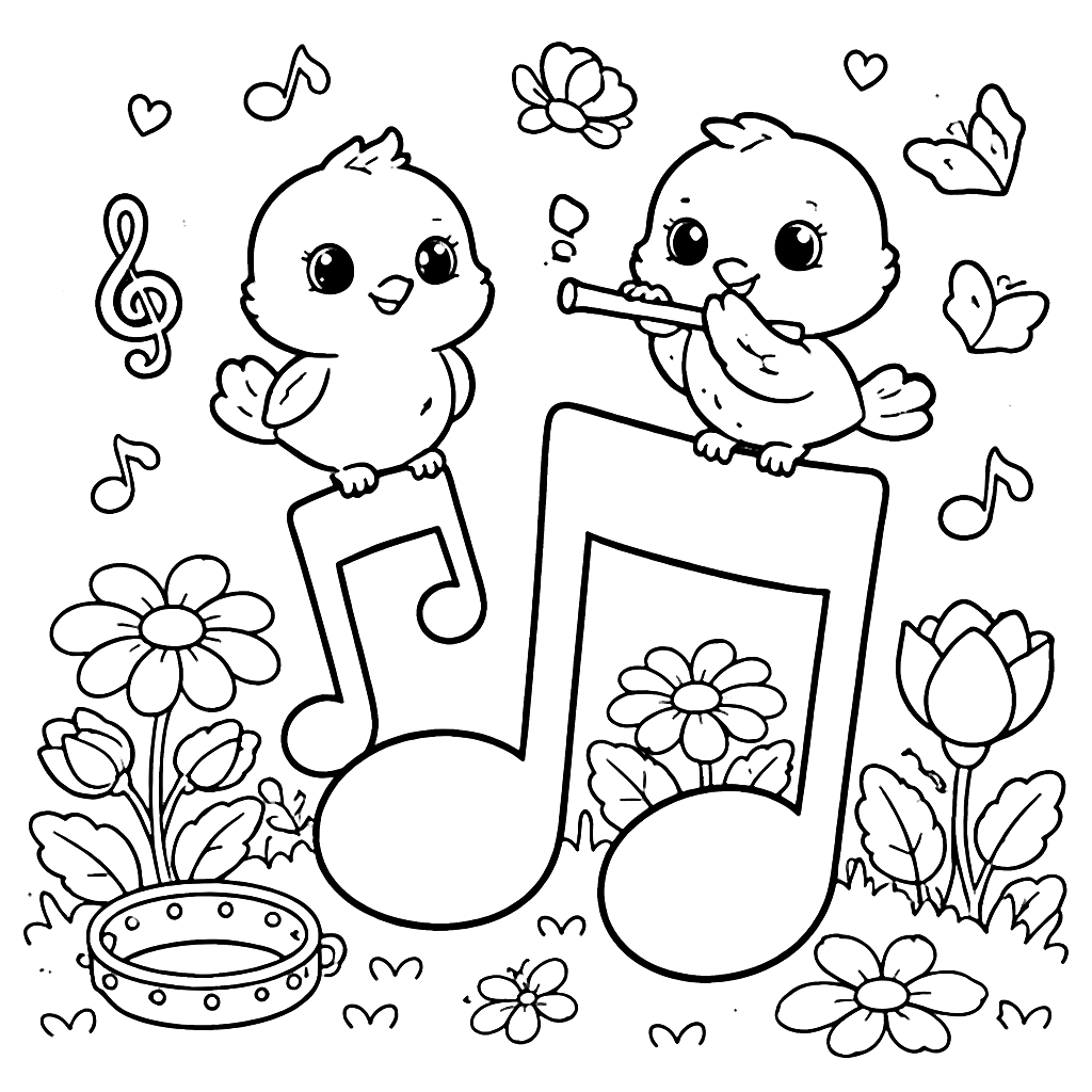 Colorful Birds on a Musical Note - Printable Coloring Page