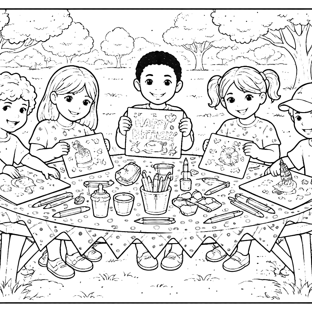 Exciting Birthday Card Making in the Park Coloring Page
