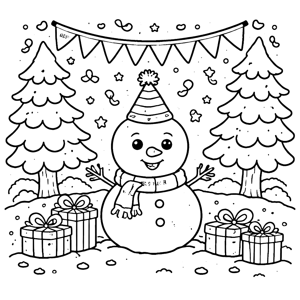 Snowman Birthday Celebration Coloring Page
