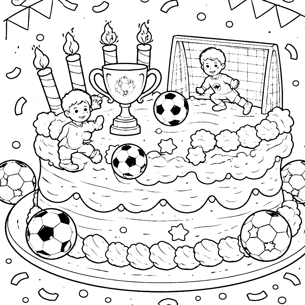 Coloring Page of a Soccer-Themed Birthday Cake