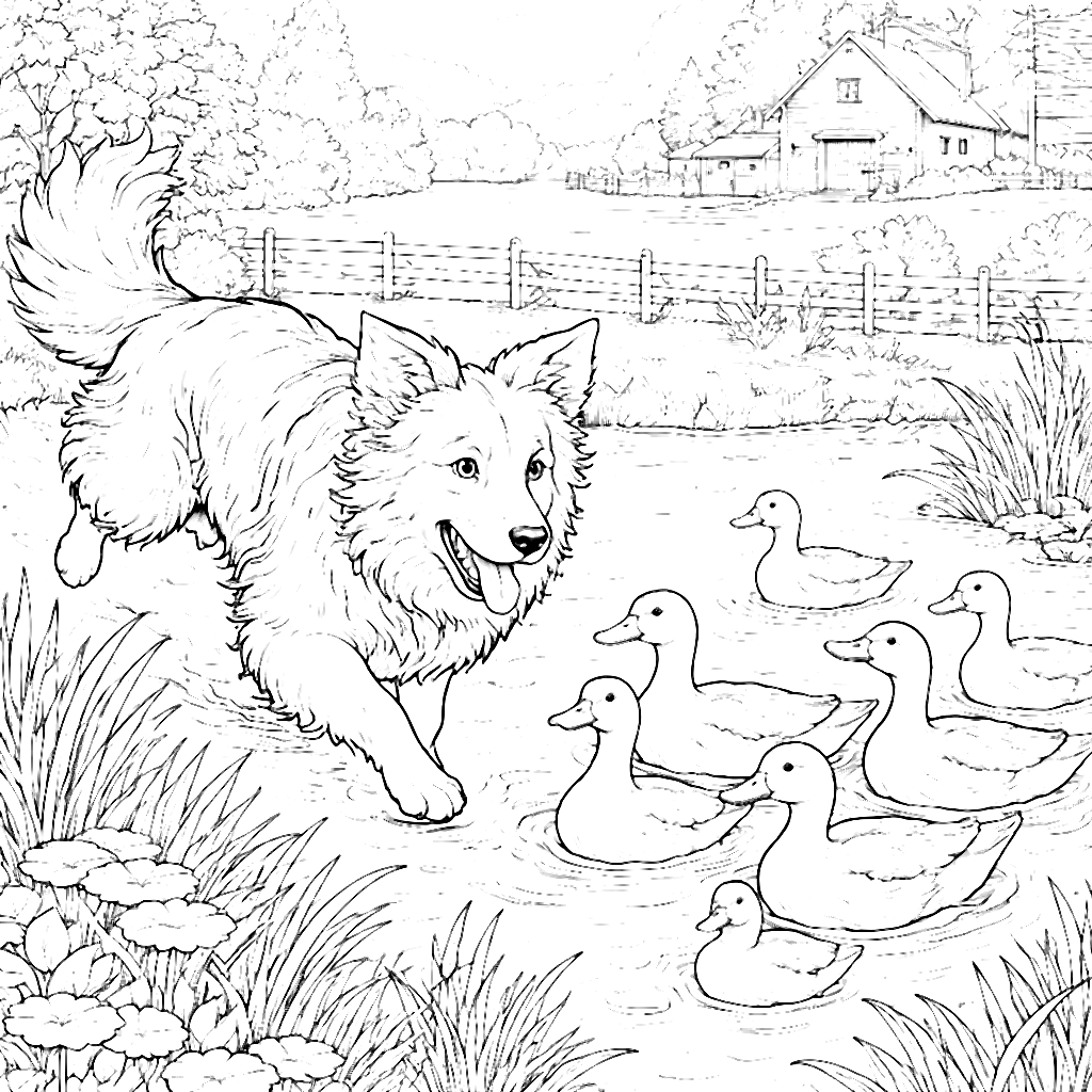 Border Collie Herding Ducks on a Farm Pond Coloring Page