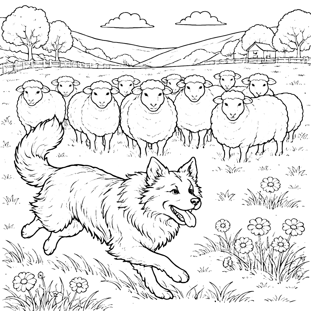 Border Collie Herding Sheep in a Sunny Meadow - Coloring Page