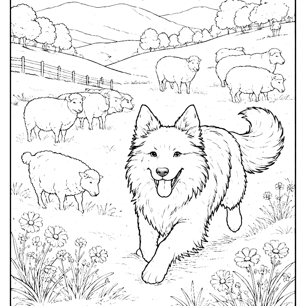 Coloring Page of a Border Collie Herding Sheep