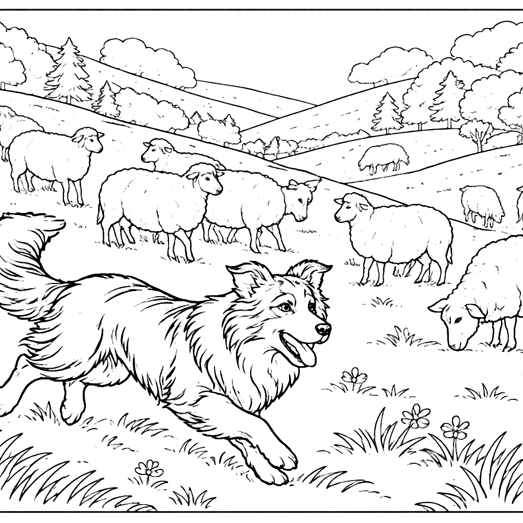 Border Collie Herding Sheep on a Hillside Coloring Page