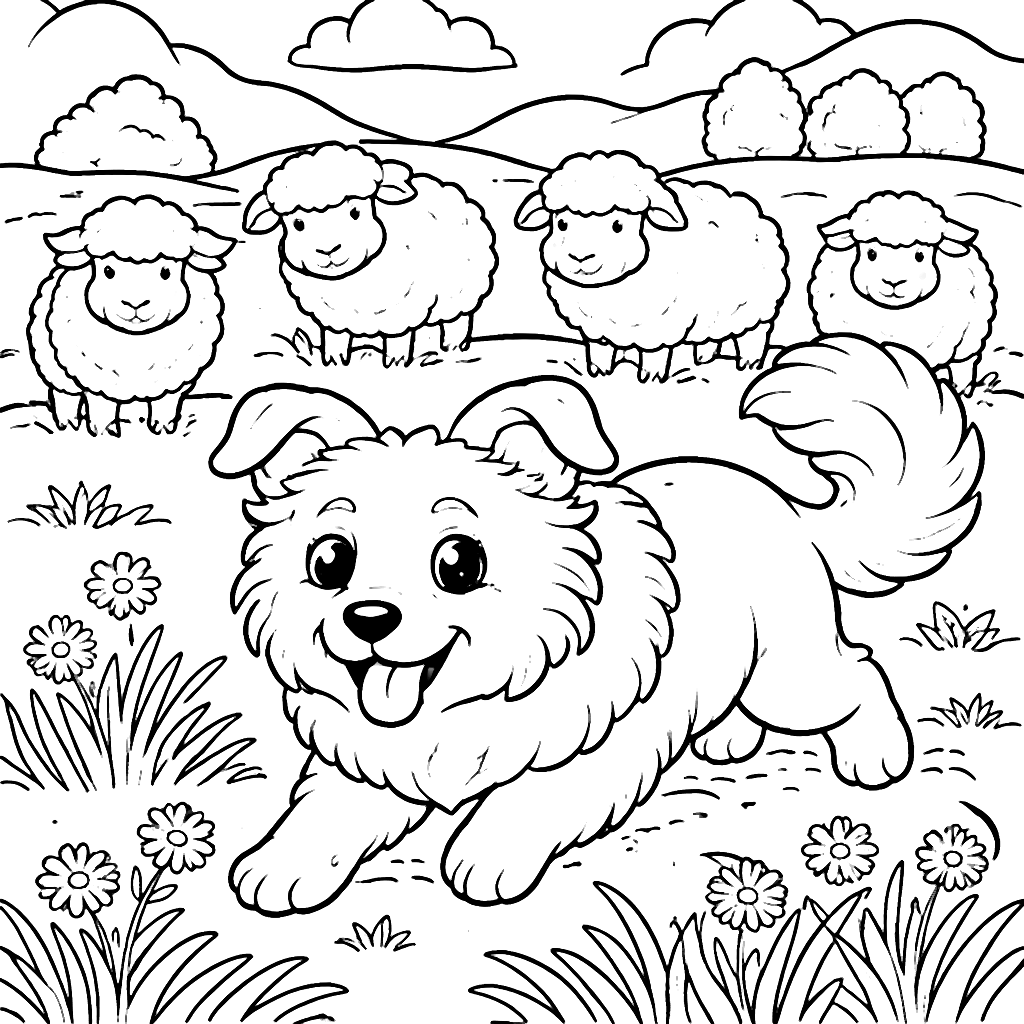 Border Collie Herding Sheep in a Grassy Meadow Coloring Page