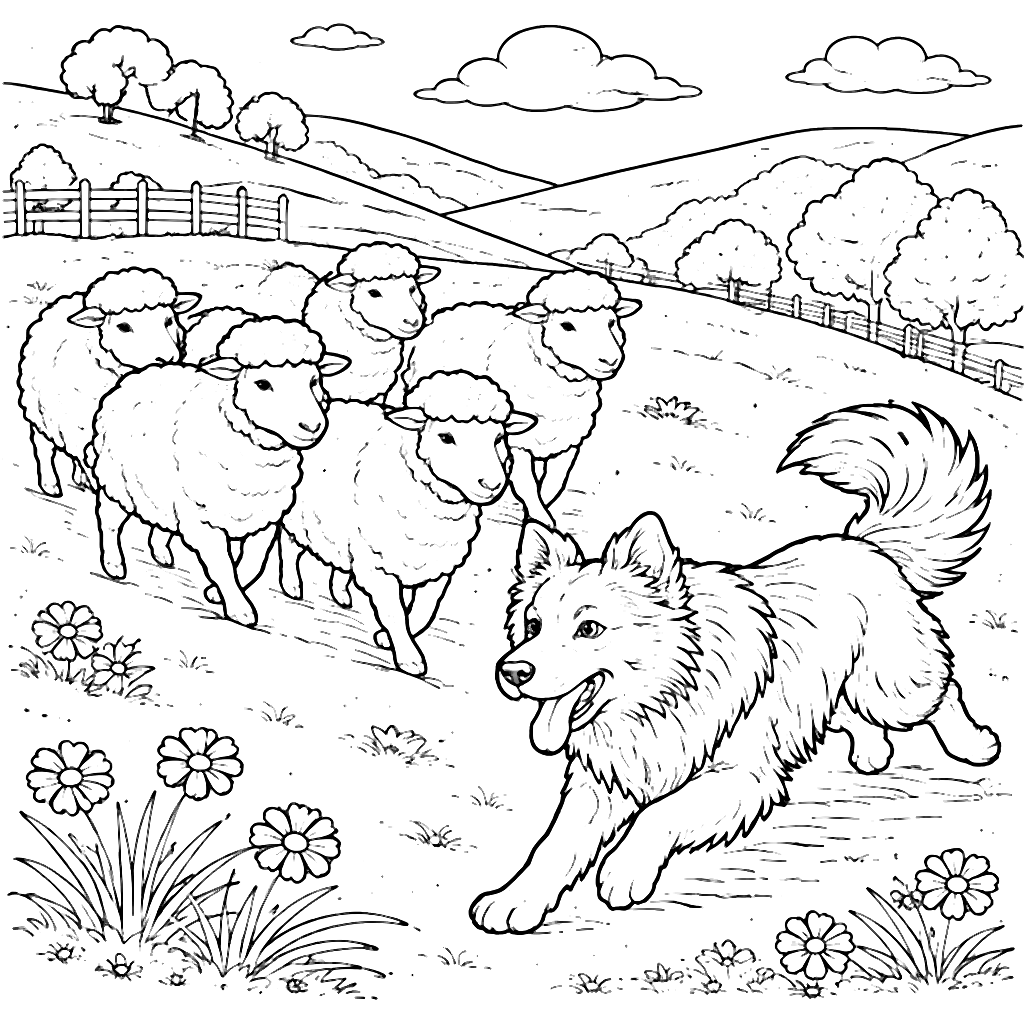 Coloring Page of a Border Collie Herding Sheep