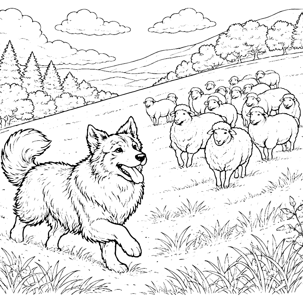 Coloring Page of a Border Collie Herding Sheep